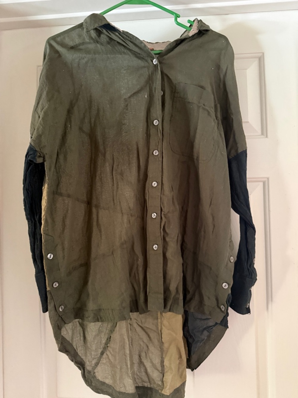 Free People Olive Green Button-Down Sheer Hi-Low Shirt